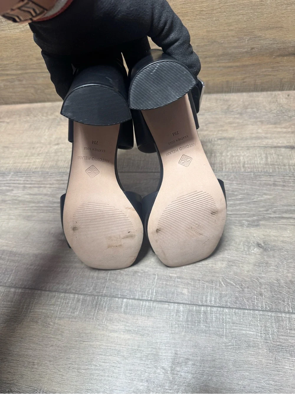 ANTONIO MELANI Black Leather Ankle-Strap Block Heel Sandals